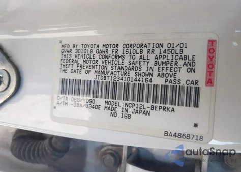 2001 Toyota Echo z USA, uszkodzony, nr VIN JTDBT123410144164